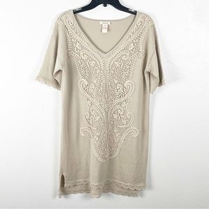 SUNDANCE Celia Embroidered Crochet Lace Trim Tunic Dress Medium Boho Neutral